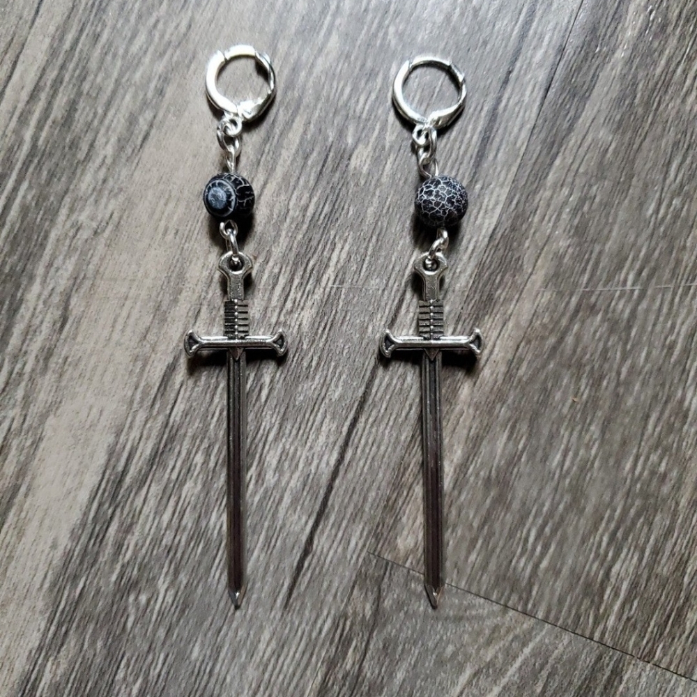 Handmade Black Agate Beaded Sword Earrings